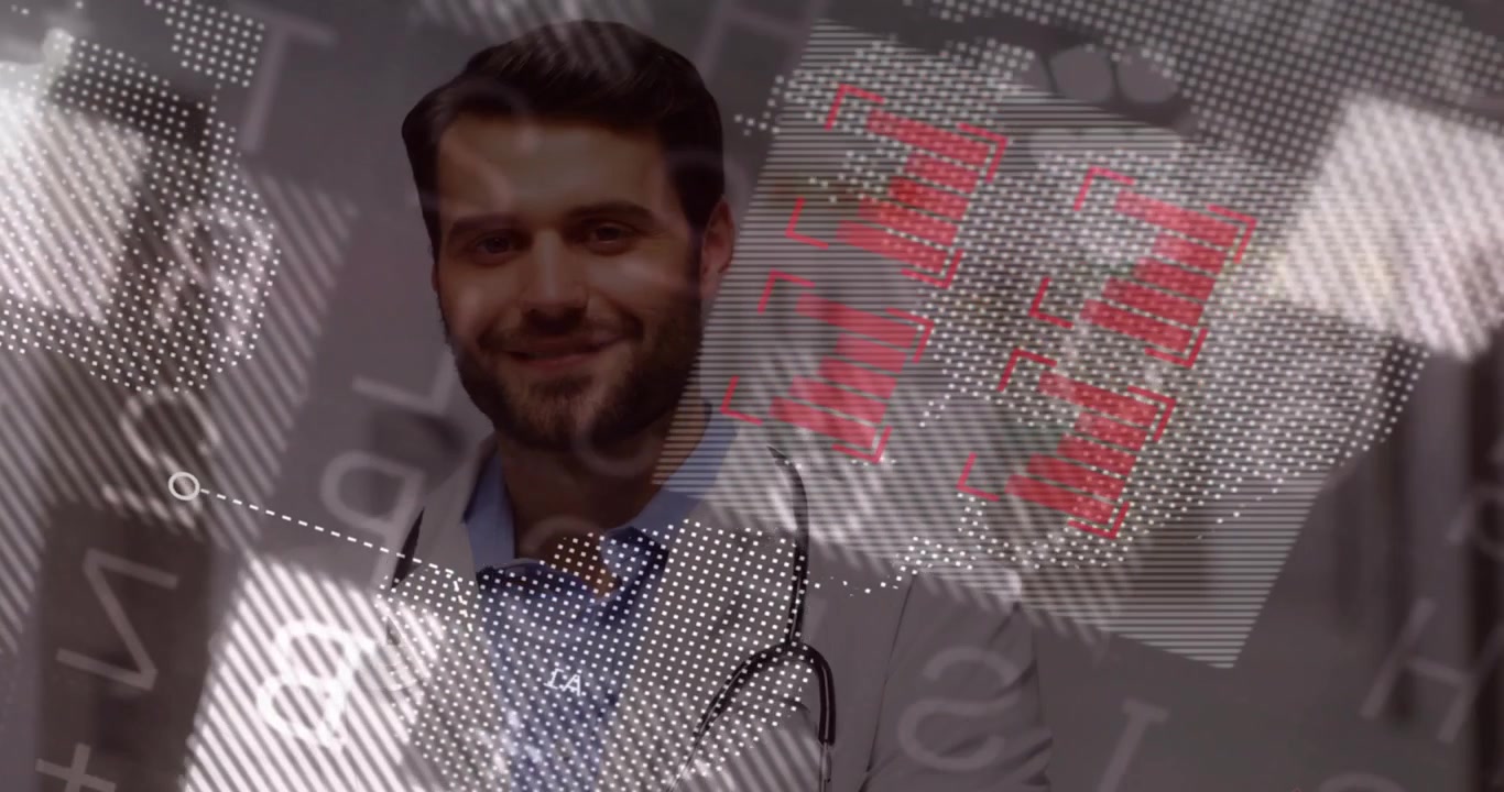 Overlay animati che appaiono, un clinico che sorride mentre un grafico rosso scorre verso il petto, mostrando dati medici.