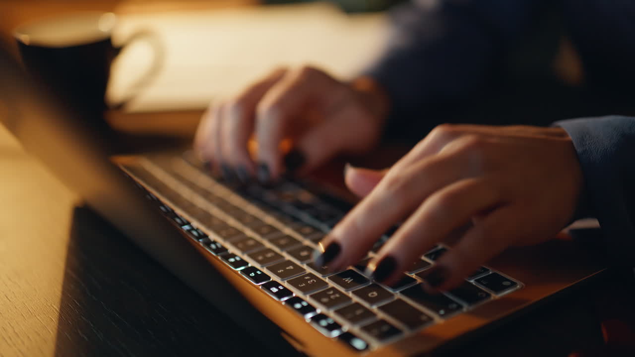 Manicured fingers pressing keyboard laptop at dark office closeup. Woman working