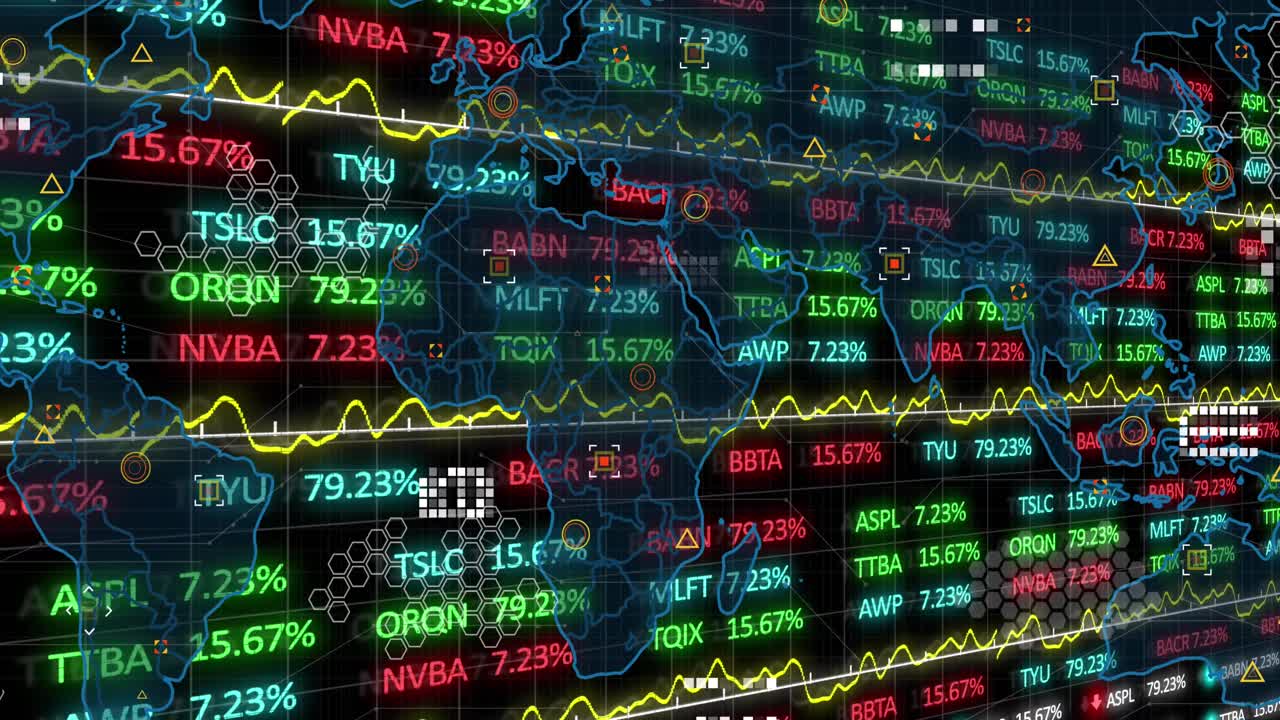 Video of various graphs with financial figures representing global stock market data