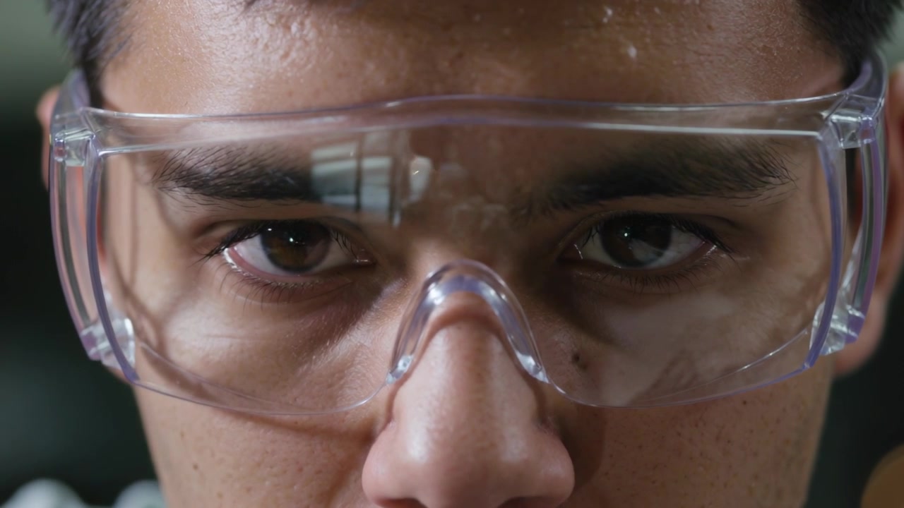 Reagendo a un cambiamento di luce, un uomo indiano sistema gli occhiali al banco del laboratorio, preparando un test con un riflesso sulla lente