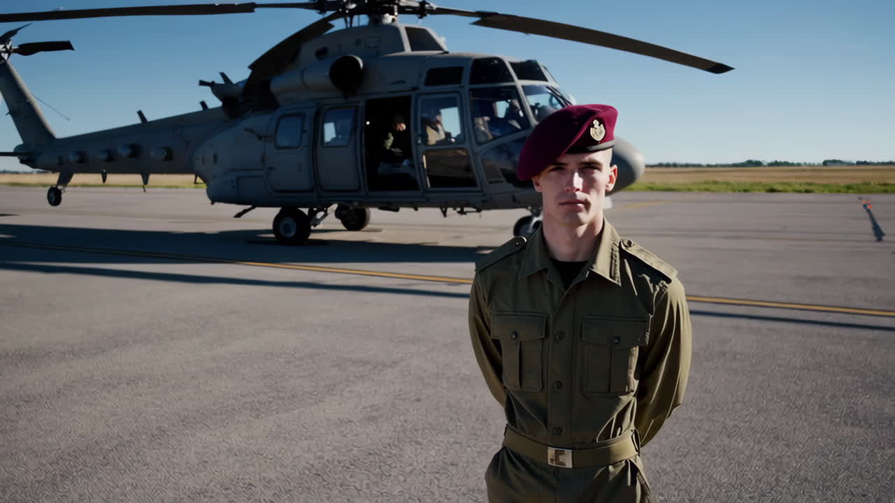 Military Personnel and Helicopter on Airfield