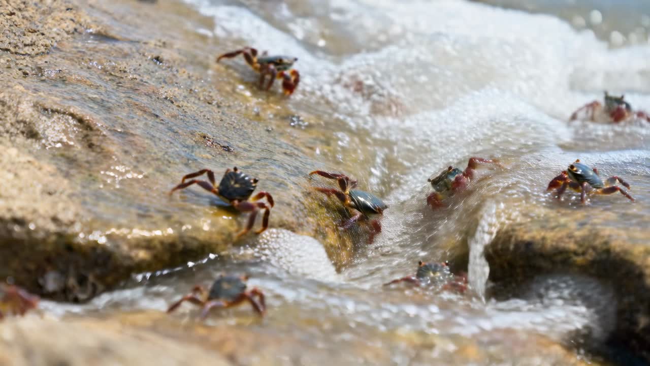 Reagerende groep strandkrabben beklimt rotsrichels om naderend schuim te ontwijken dat door de getijdengeul spoelt.