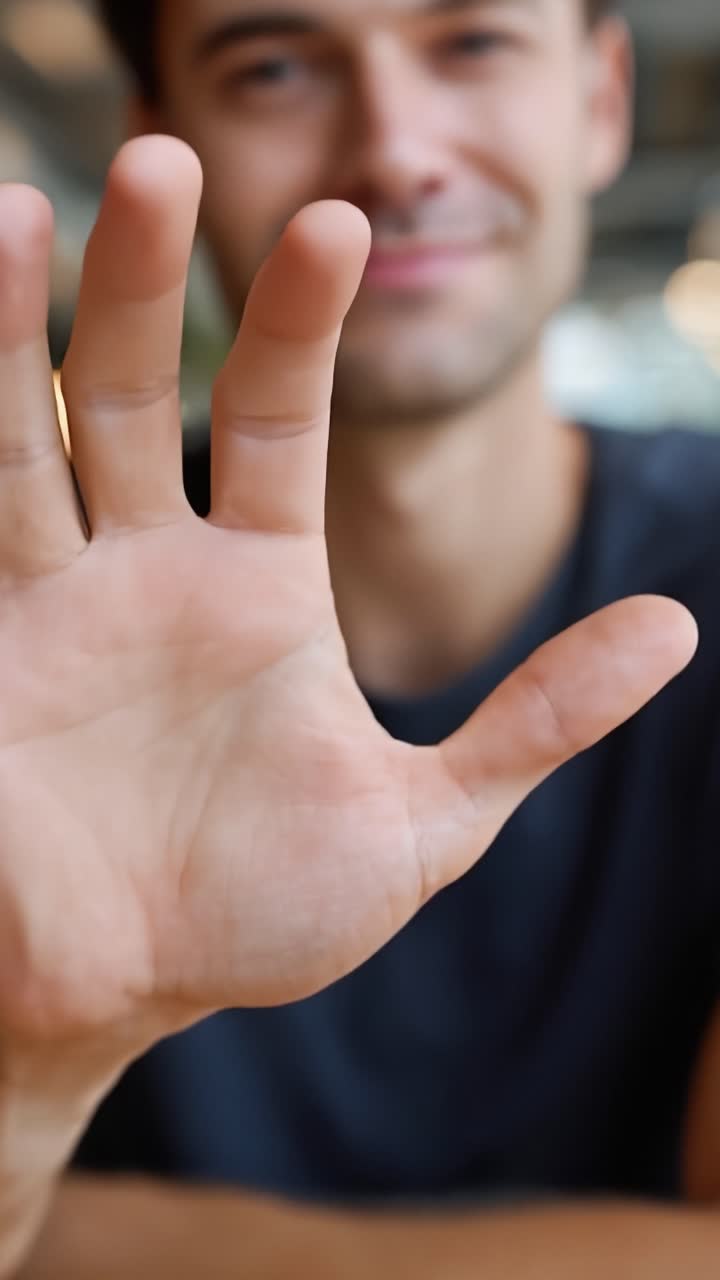Mão acena suavemente, homem sorridente ao fundo. Gesto amigável, atmosfera relaxada. Perfeito para comunicação casual, acolhedora ou social. Sem animais ou plantas visíveis.