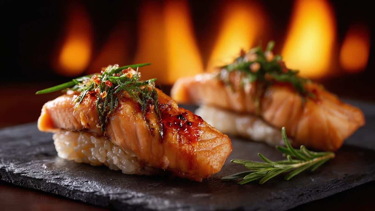 Deliciously Grilled Salmon Sushi on a Slate Plate, Perfectly Garnished with Fresh Herbs and Served with the Warm Ambiance of a Flickering Fire in the Background
