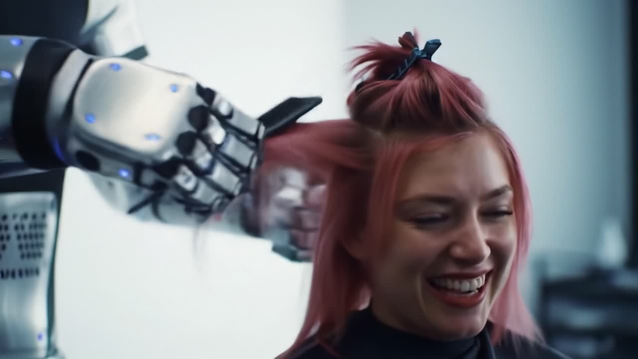 A robot stylist uses its mechanical arm to groom a client with pink hair. The atmosphere is lively and innovative as technology meets personal care in a trendy salon.