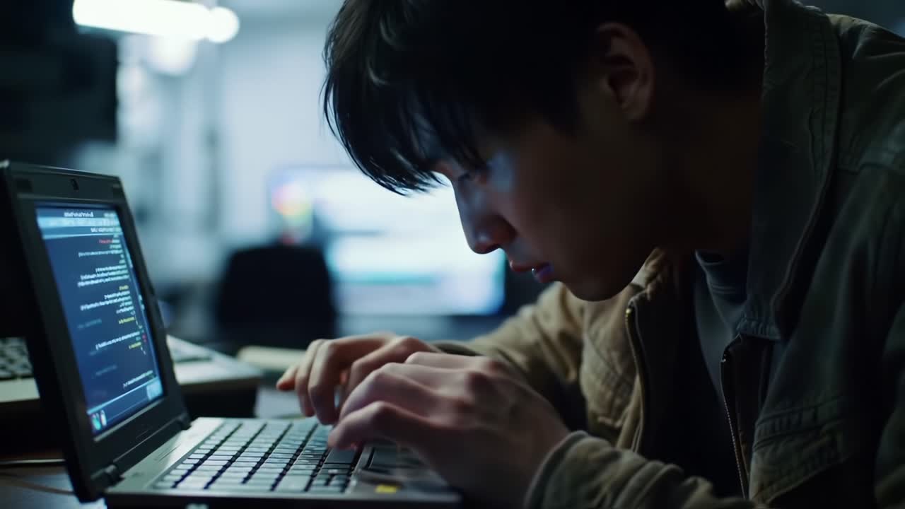 Focused Programmer Engaged in Coding on Laptop in a Dimly Lit Room with Multiple Screens Displaying Code and Technical Information