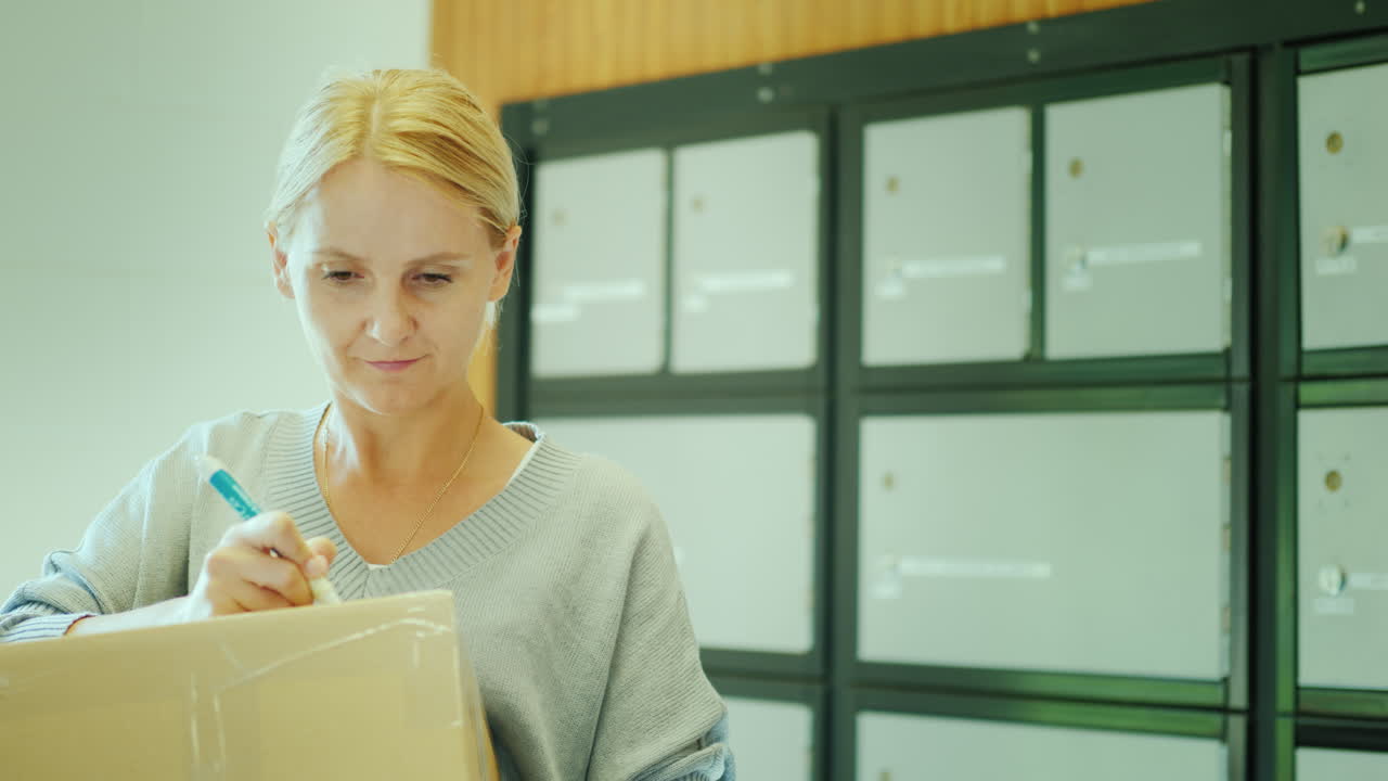 una mujer escribe una dirección en la caja del paquete en la oficina de correos