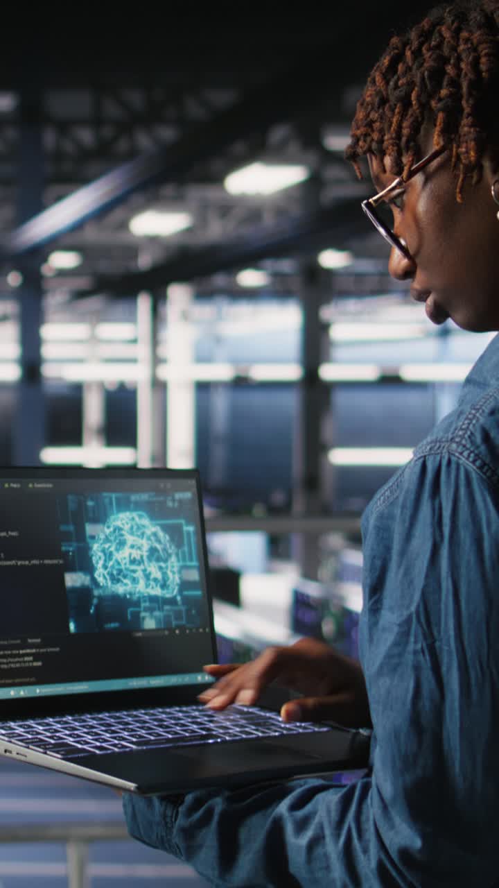 Vertical video System administrators in data center monitoring AI LLM visualization