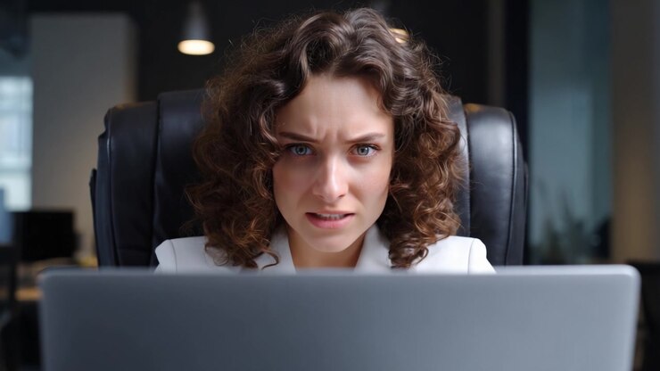 Intensive Konzentration und Frustration: Eine Nahaufnahme einer Geschäftsfrau mit lockigem Haar, die sich in einem modernen Büroumfeld auf ihren Laptop konzentriert.