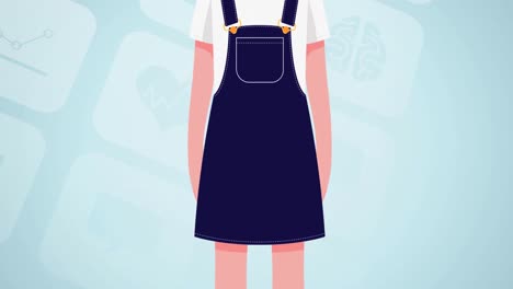 animation of girl wearing face mask icon over digital icons on blue background