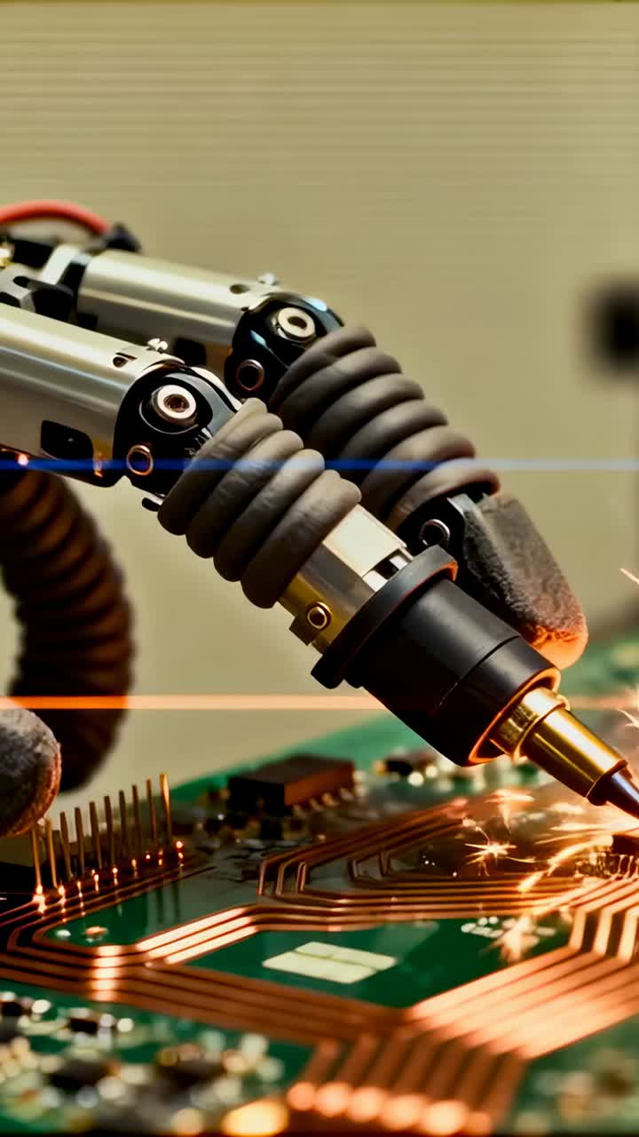 Vertical video: Signal activating robotic soldering arm soldering PCB pad to join header at bench