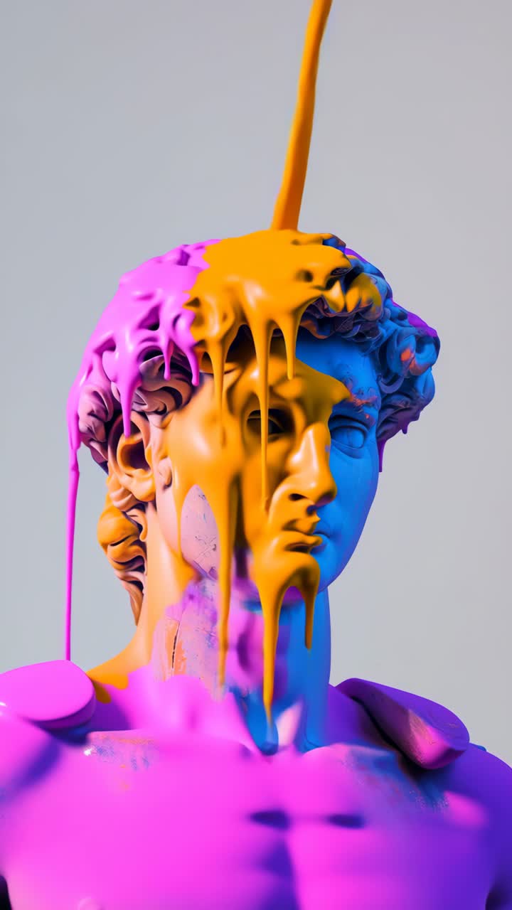 Close-up angle of a classical statue with vibrant pink and orange paint splashes, creating a dynamic