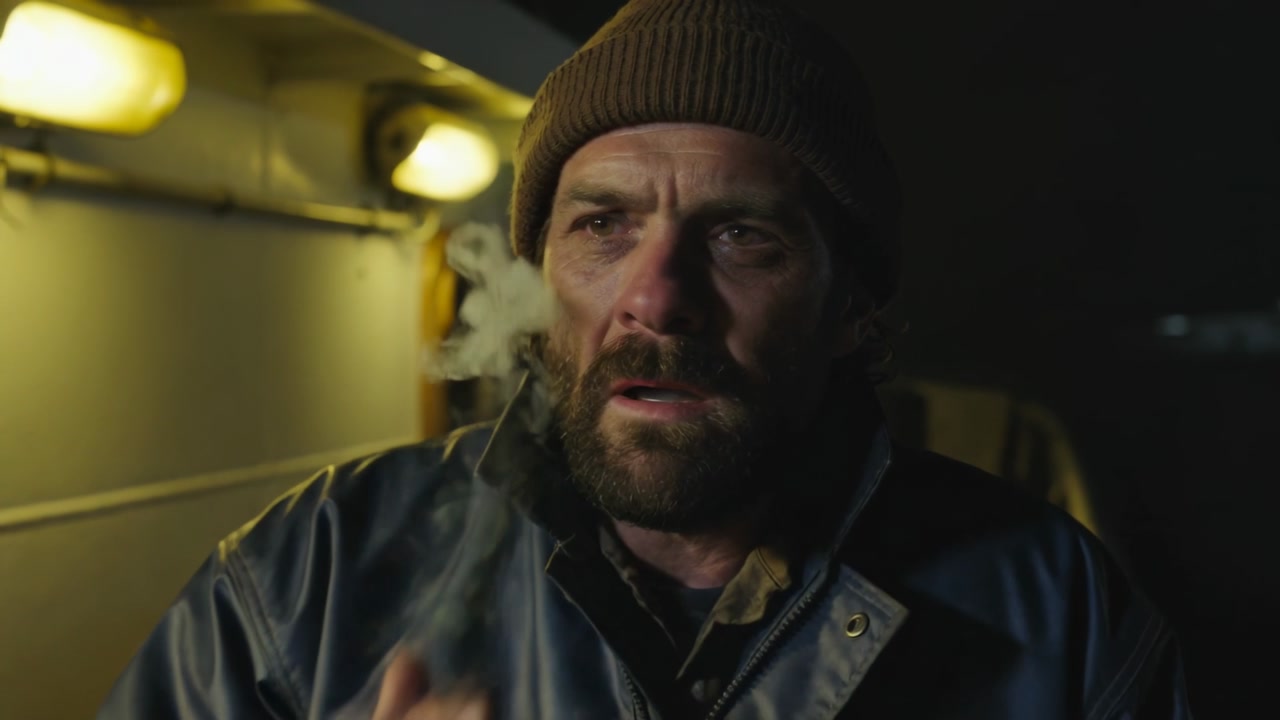 Holding lit cigarette, man drawing smoke while watching horizon on deck, knit cap, reflecting