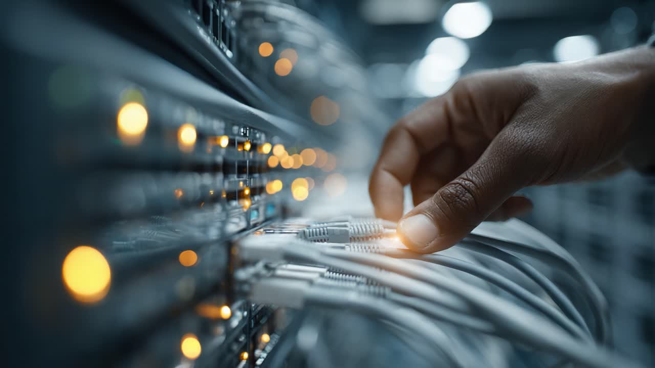 A close-up view of a hand connecting network cables to a server, highlighting the intricate details of data center operations and network infrastructure management