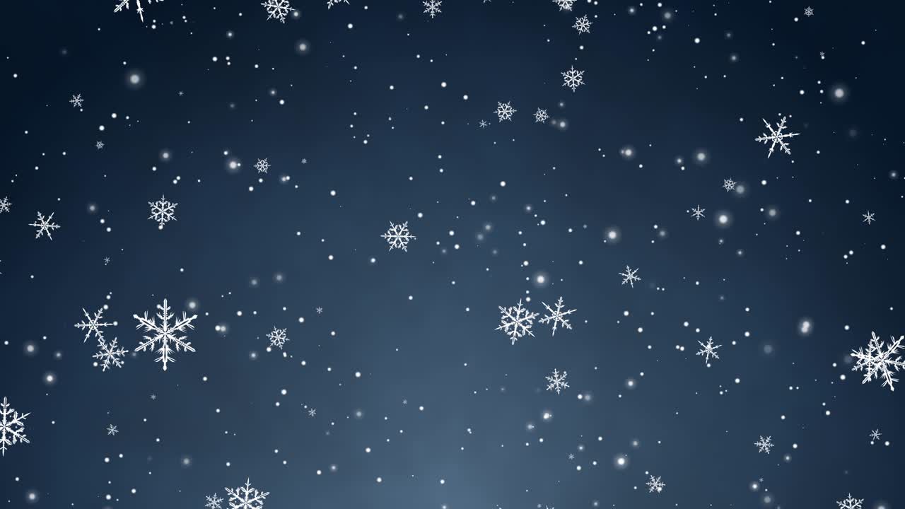 Hvit konfetti, snøflak og bokeh-lys på blå julebakgrunn
