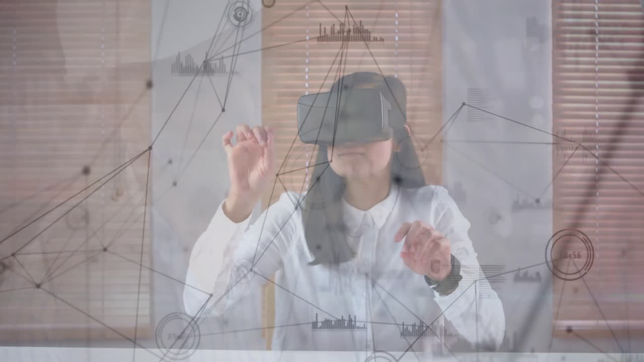 Animation of data processing over biracial businesswoman using vr headset