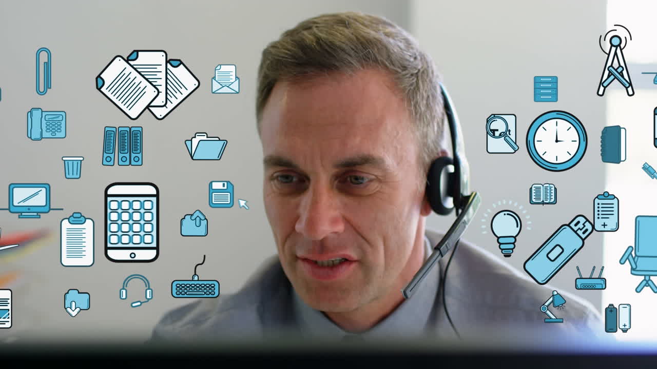 Animation of blue icons appearing over a using phone headset at home