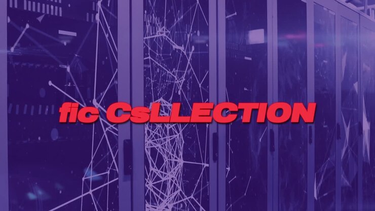Animation of new collections text with network of connections over server room