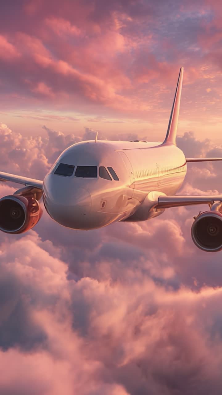 Un maestoso aereo passeggeri che solca vivaci nuvole al tramonto, catturando la serenità e la bellezza del viaggio aereo nel cielo