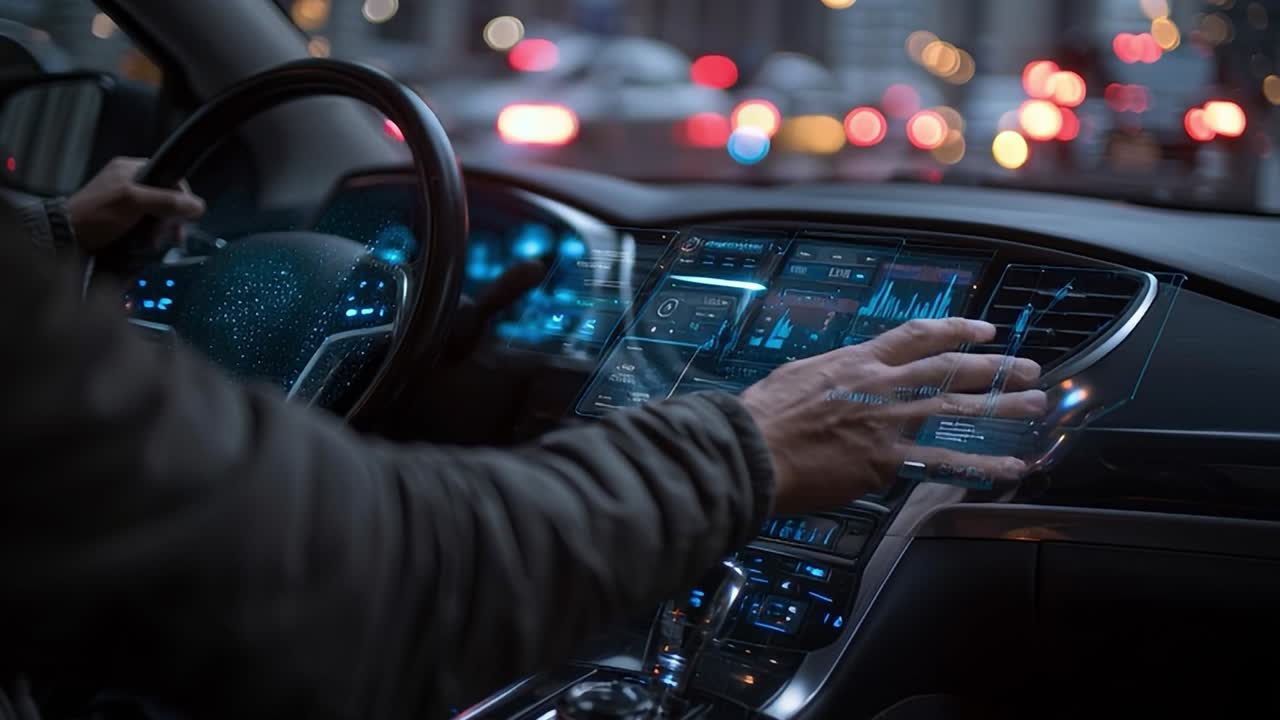 Cruscotto di auto moderna con interfaccia touch avanzata in un ambiente urbano.