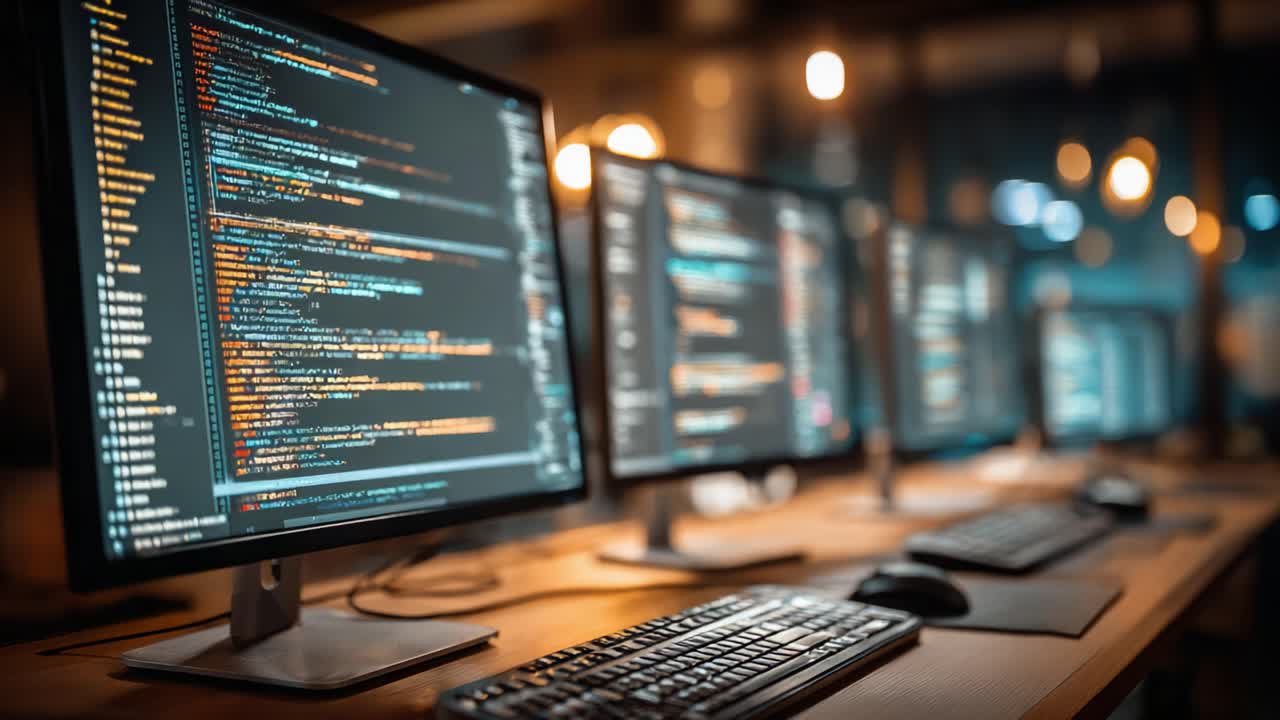 An Intricate Setup of Multiple Monitors Displaying Complex Coding Interfaces in a Modern Tech Environment with Ambient Lighting to Enhance Focus and Creativity
