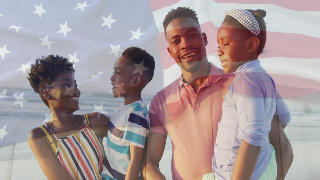 Mother holding boy, father holding girl with American flag overlay in ad, laughing uniting family
