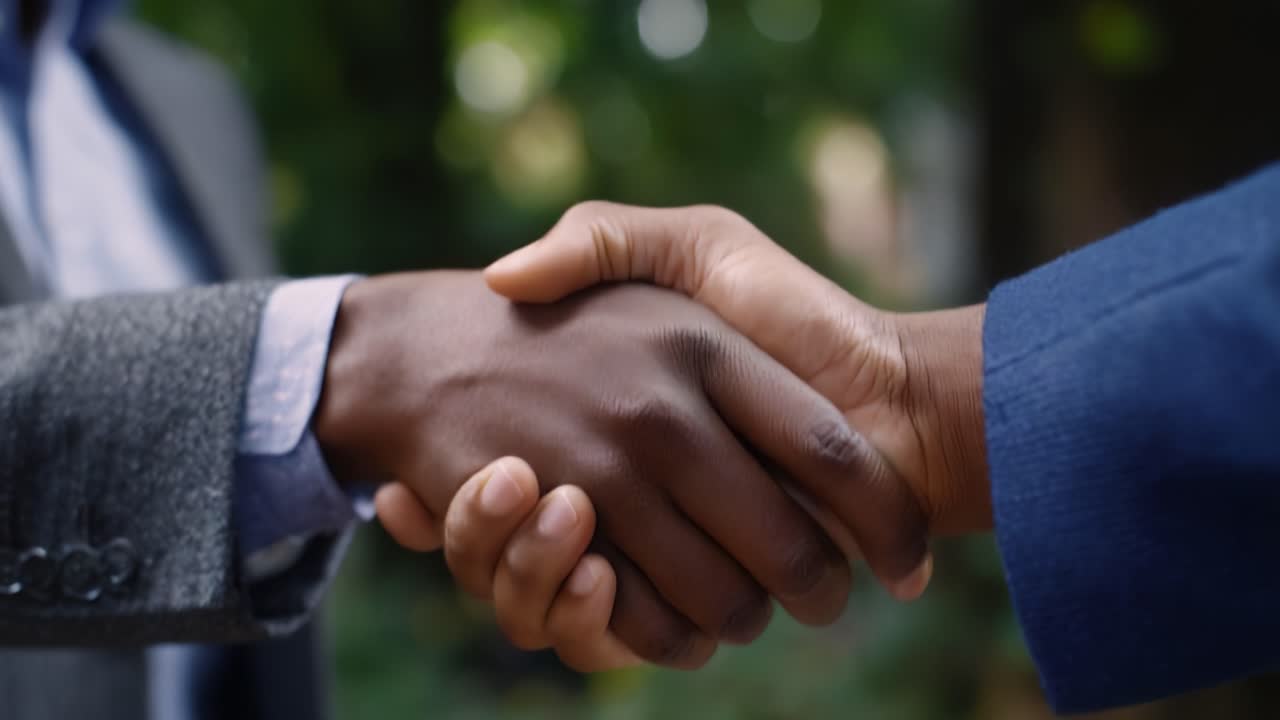 Two individuals engaging in a firm handshake symbolizing agreement, partnership, and mutual respect in a professional or social context outdoors