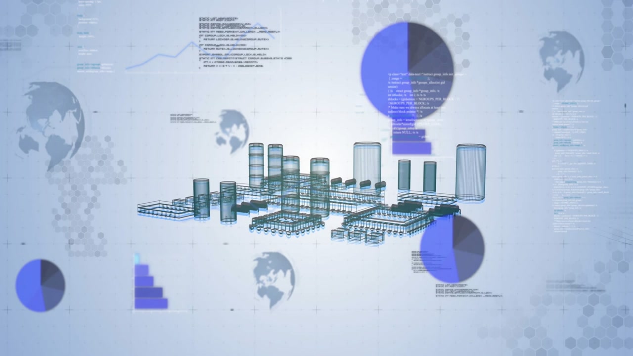 On play schematic shifting into wireframe city, camera orbiting, charts showing chip metrics