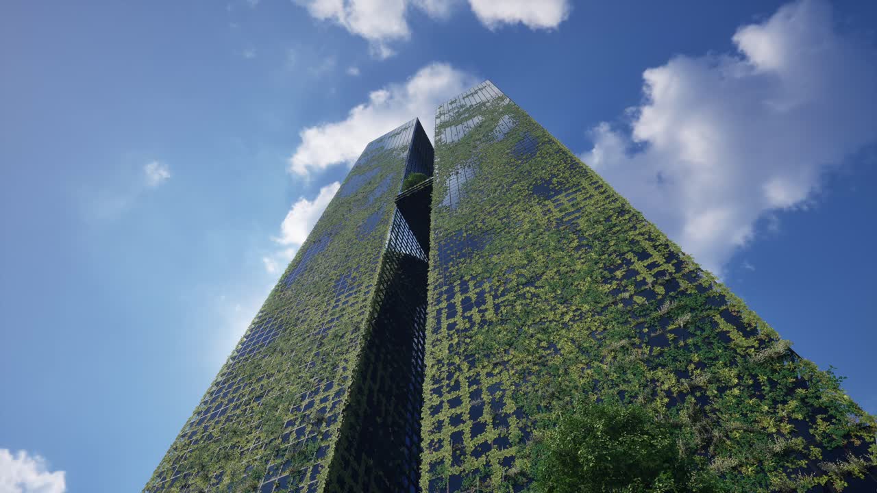 Grønne skyskrabere dukker op mod blå himmel, miljøvenlig vision.