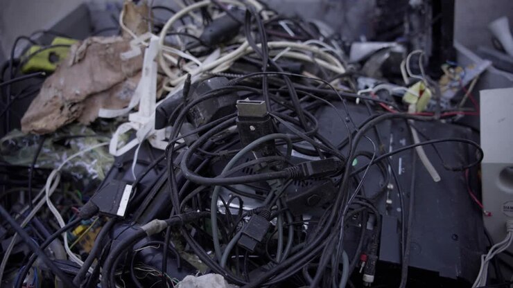 Large stack of recycling electronic waste, different cables and wires with adapters, dedication to environmental protection and the pursuit of a cleaner and more sustainable technological landscape