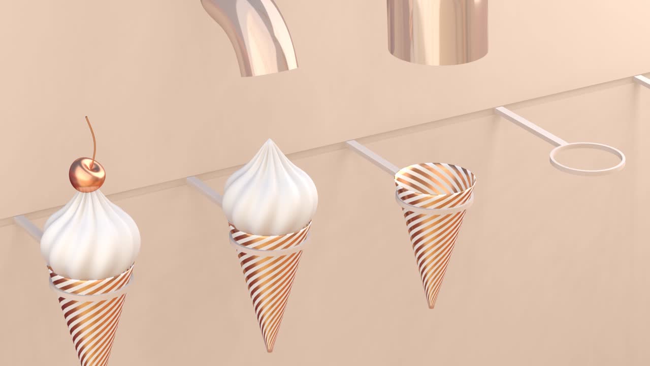 와플 콘과 카라멜 체리로 아이스크림을 만드는 3d 애니메이션 4k