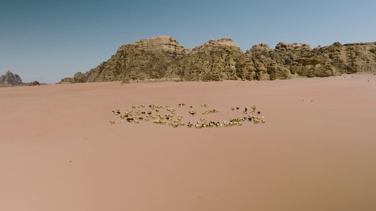 Nomadic Bedouin Traveling Across Wadi Rum Desert With Herd Of Sheeps In Jordan