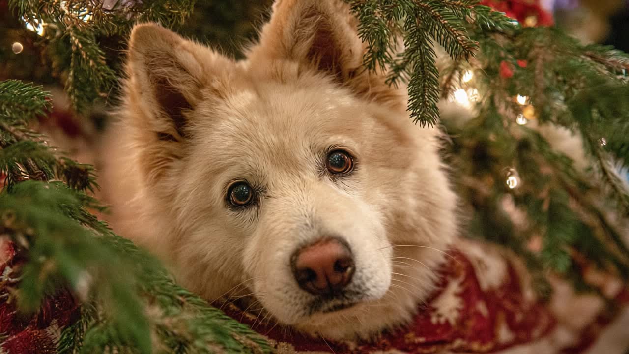 A Heartwarming Moment: A Cute Dog Nestled Comfortably Beneath a Christmas Tree Surrounded by Festive Ornaments and Twinkling Lights