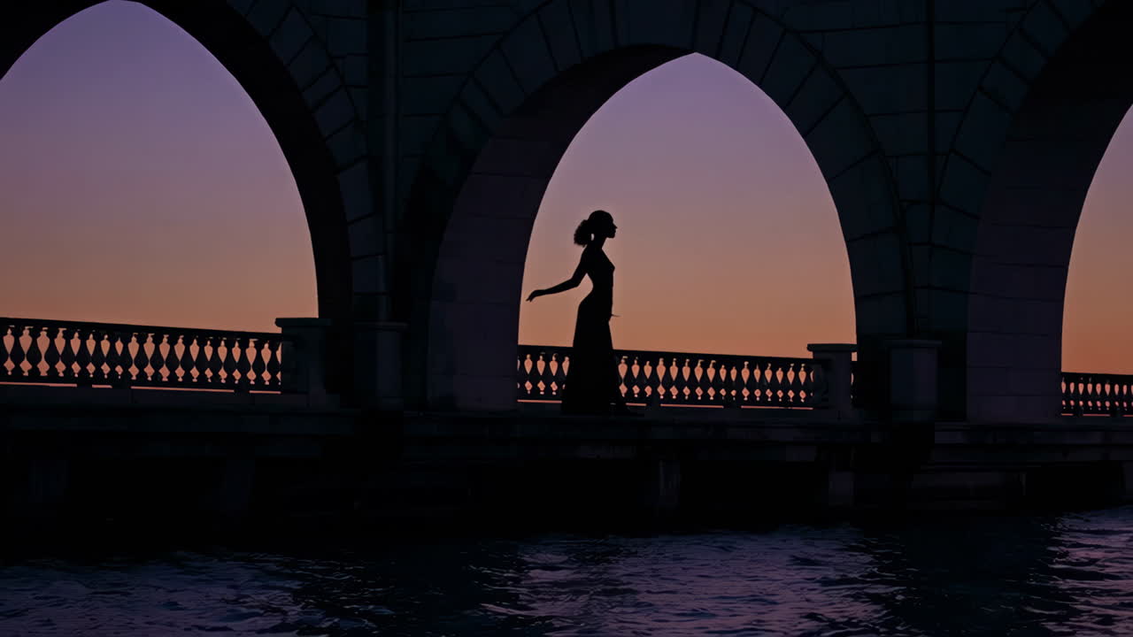 Silhouette of a Woman on a Bridge at Sunset