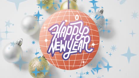 animación de felicitaciones de año nuevo texto sobre bola de disco roja y bolas de navidad