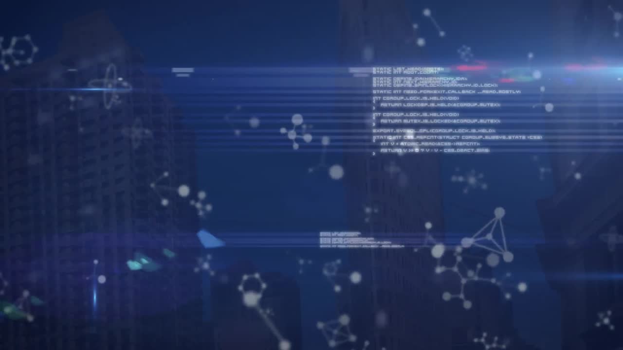 분자가 회전하는 애니메이션과 디지털 데이터 처리