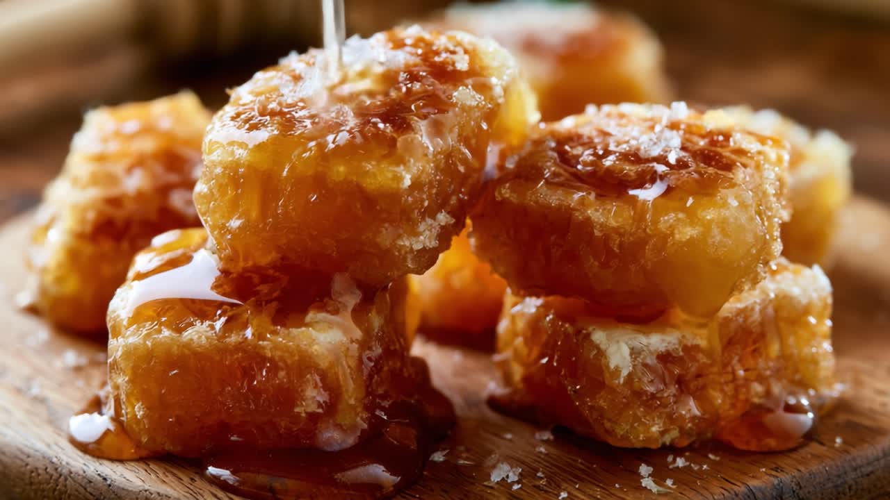 Una magnifica esposizione di cubetti di favo dorato irrorati con sciroppo delizioso e scintillanti con un tocco di sale marino, perfetti per dolci prelibatezze.