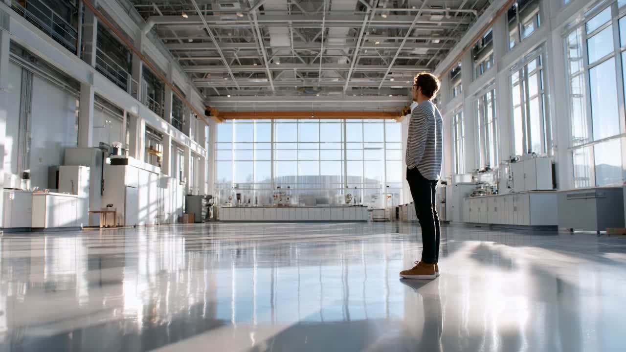 In a spacious and well-lit industrial environment, a solitary figure stands contemplatively, gazing out across a vast, polished floor, surrounded by modern equipment and expansive windows, illustrating focus and reflection