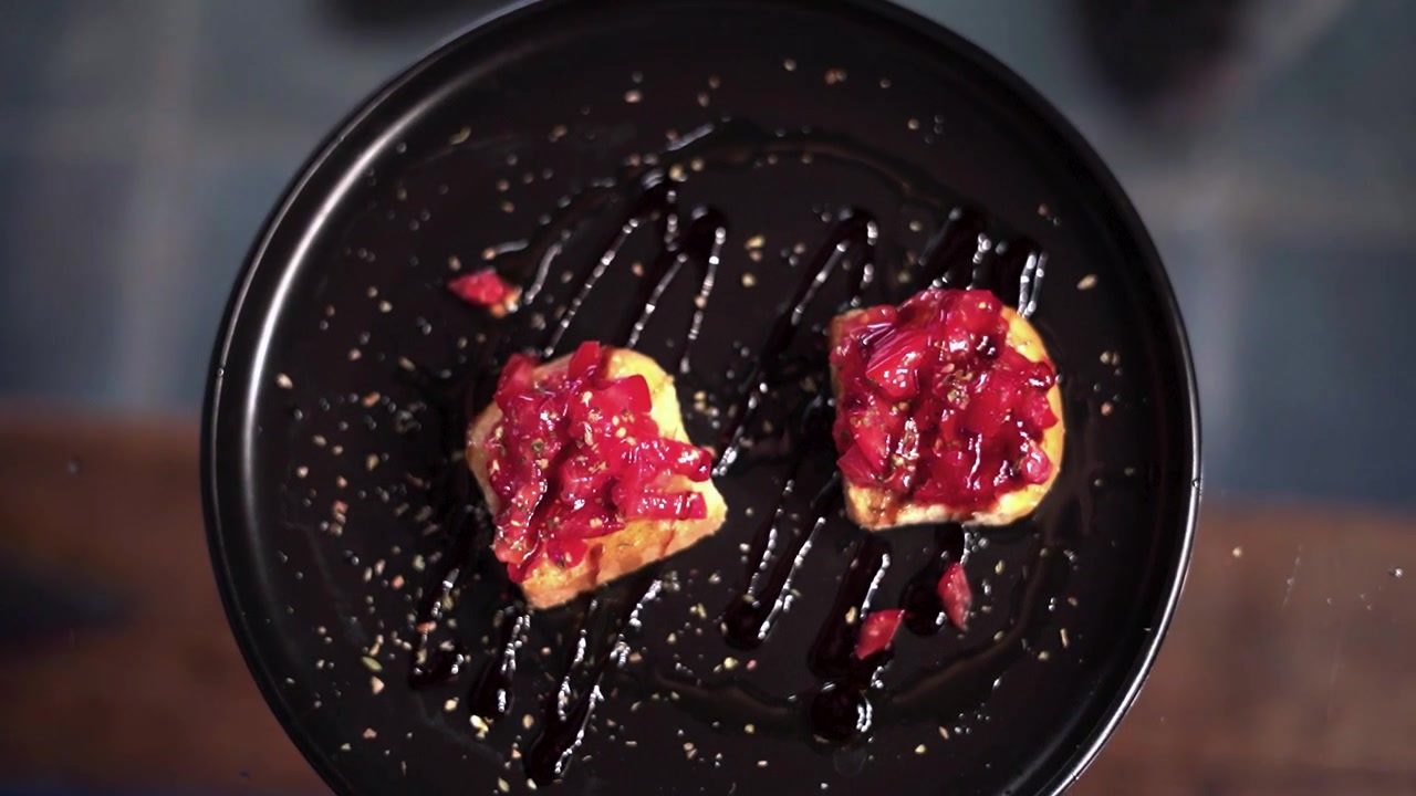 Food Tasting and Olive Oil Evaluation with Tomato Topped Toast in Culinary Preparation, Close Up