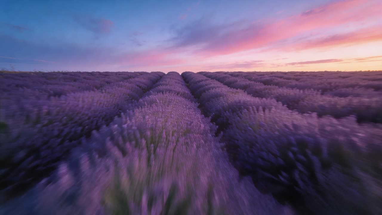 Video verticale: Telecamera in movimento che parte lungo il solco centrale tra le file di lavanda fino all'orizzonte, nuvole al tramonto