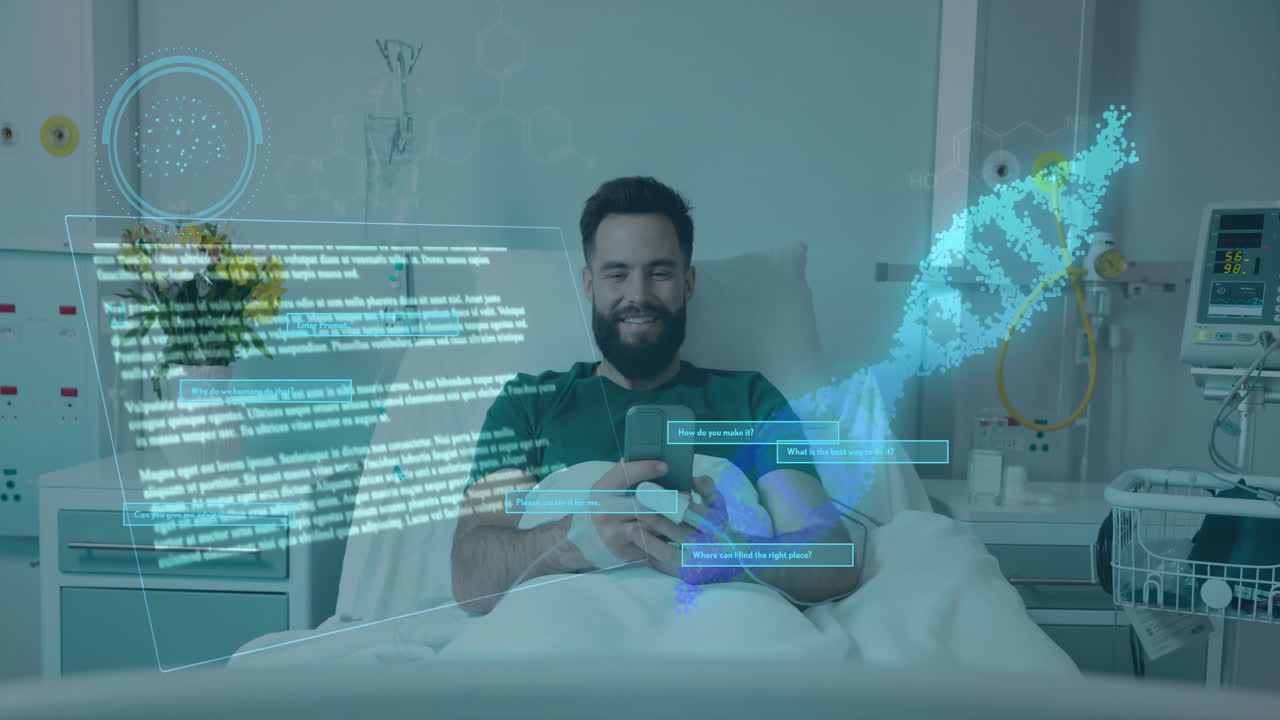 Medical data processing animation over man using smartphone in hospital bed