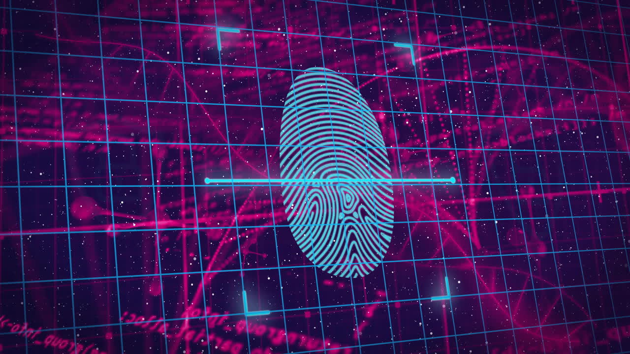 Fingerprint scanning animation over digital grid with binary code and data