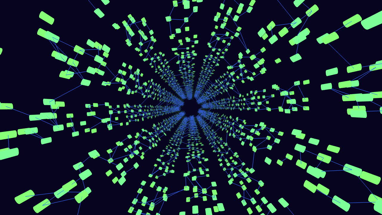 Futuristic blue circular pattern with overlapping squares and intersecting rectangles