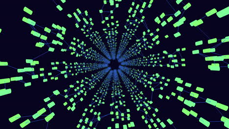 Futuristic blue circular pattern with overlapping squares and intersecting rectangles