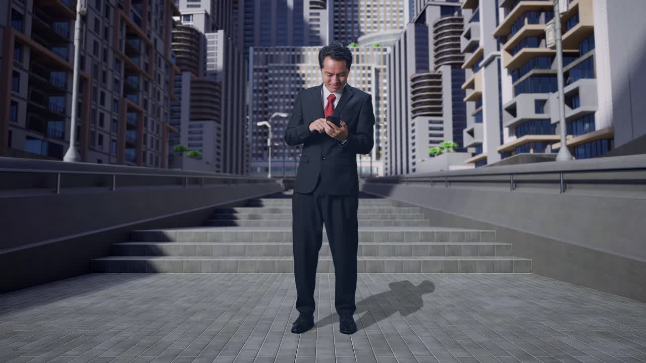 cuerpo lleno de hombre de negocios asiático disfrutar de usar el teléfono móvil mientras está de pie en la ciudad