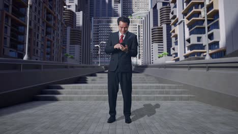 full body of asian business man enjoy using mobile phone while standing in city