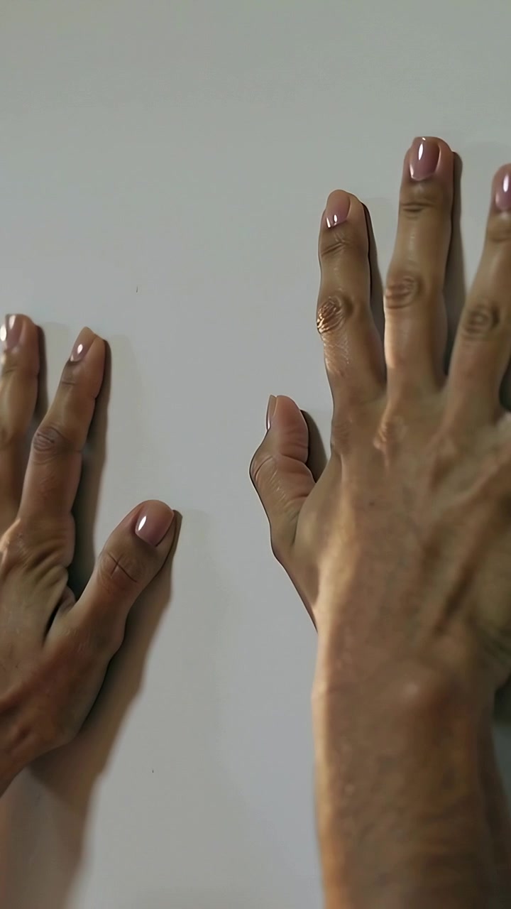 Vertical video: Pressing pair of hands entering frame against plain white wall, checking blemishes