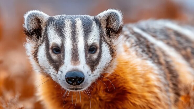 Primo piano accattivante di un tasso nel suo habitat naturale, che mette in mostra caratteristiche sorprendenti e un'espressione coinvolgente in uno sfondo di fogliame dalle tonalità calde.
