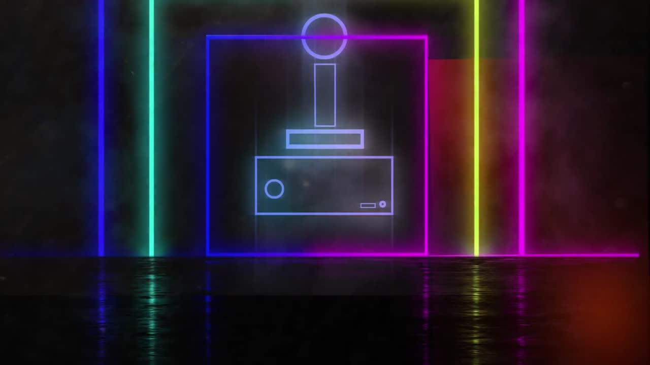 검은 바탕에 네온 모양 위에 조이스틱의 애니메이션