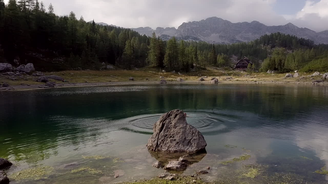 Person swimming in a mountain lake, surrounded by forest and mountains